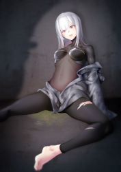 Rule 34 | 1girl, 2412743167, absurdres, ak-12 (faint light of furthest day) (girls&#039; frontline), ak-12 (girls&#039; frontline), arm behind back, barefoot, black bodysuit, black pants, bodysuit, breasts, camouflage, camouflage jacket, clothes pull, collarbone, corpse, covered navel, girls&#039; frontline, hand on floor, highres, hood, hooded jacket, jacket, jacket pull, leggings, long hair, long sleeves, looking at viewer, medium breasts, no shoes, official alternate costume, on floor, open clothes, open jacket, open mouth, pants, parted lips, peeing, purple eyes, saliva, simple background, solo, spread legs, tears, teeth, torn clothes, torn pants, upper teeth only, white hair