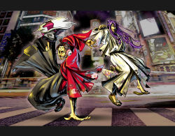 Rule 34 | 2boys, big al, brown hair, cityscape, dancing, dancing samurai (vocaloid), grin, headset, highres, japanese clothes, kamui gakupo, kimono, letterboxed, male focus, multiple boys, namahamu banana, outdoors, photo background, purple hair, road, sandals, scar, smile, stitches, street, vocaloid, yellow eyes, zouri