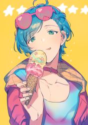 Rule 34 | 1boy, :q, ahoge, bangs pinned back, blue hair, collar, commentary request, ear piercing, ensemble stars!, eyewear on head, food, gradient clothes, gradient shirt, green eyes, hair ornament, hairclip, hareyuu, holding, holding food, ice cream cone, jacket, licking lips, long sleeves, male focus, piercing, pink jacket, raised eyebrows, shinkai kanata, short hair, simple background, solo, sparkle, sunglasses, tongue, tongue out, upper body, yellow background
