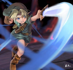 Rule 34 | 1boy, absurdres, action, artist request, belt, blonde hair, blue eyes, boots, child, deku shield, hat, highres, holding, holding sword, holding weapon, incoming attack, link, male focus, nintendo, pointy ears, shield, solo, super smash bros., sword, textless version, the legend of zelda, the legend of zelda: ocarina of time, weapon, wooden shield, young link