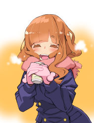 Rule 34 | 1girl, blue coat, blunt bangs, blush, breath, buttons, can, coat, double-breasted, drink can, facing viewer, fringe trim, girls und panzer, gloves, highres, holding, holding can, long hair, long sleeves, ooarai school uniform, open mouth, orange hair, ouma bunshichirou, pink gloves, pink scarf, scarf, school uniform, smile, soda can, solo, standing, takebe saori, winter uniform
