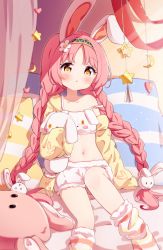 Rule 34 | 1girl, :o, animal ears, animal print, bare shoulders, bed sheet, black hairband, blush, braid, brown eyes, button eyes, buttons, camisole, commentary request, crescent, hair ornament, hairband, highres, hugging object, jacket, long hair, long sleeves, loose socks, mimi (princess connect!), navel, off shoulder, open clothes, open jacket, parted bangs, parted lips, pillow, princess connect!, rabbit ears, rabbit hair ornament, rabbit print, setmen, short shorts, shorts, sleeves past fingers, sleeves past wrists, socks, solo, star (symbol), strap slip, striped clothes, striped socks, stuffed animal, stuffed rabbit, stuffed toy, twin braids, twintails, very long hair, white camisole, white shorts, yellow jacket