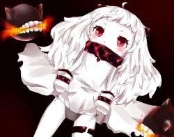 Rule 34 | 10s, 1girl, abyssal ship, ahoge, black panties, clothes lift, colored skin, covered mouth, dress, dress lift, gradient background, grey panties, groin, horns, kantai collection, looking at viewer, mittens, northern ocean princess, panties, red eyes, sanome, side-tie panties, simple background, solo, underwear, white dress, white hair, white skin