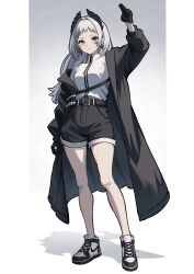 Rule 34 | 1girl, arknights, bandaid, bandaid on knee, bandaid on leg, black coat, black gloves, black shorts, border, breasts, coat, commentary, contrapposto, earrings, english commentary, feather hair, frown, full body, gloves, gradient background, grey background, grey eyes, grey hair, highres, irene (arknights), jewelry, long hair, looking at viewer, medium breasts, scar, scar across eye, shadow, shirt, shoes, shorts, simple background, sneakers, solo, white background, white footwear, white shirt, yan kodiac