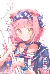 Rule 34 | 1girl, animal ears, arknights, black choker, black jacket, blue hairband, blush, bracelet, braid, cat ears, choker, closed mouth, collarbone, goldenglow (arknights), hair over shoulder, hairband, highres, holding, holding staff, infection monitor (arknights), jacket, jewelry, lightning bolt print, long hair, long sleeves, looking at viewer, open clothes, open jacket, simple background, single braid, smile, solo, staff, white background, yellow eyes