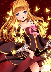 Rule 34 | 1girl, bad id, bad pixiv id, beatrice (umineko), blonde hair, blue eyes, bow, breasts, bug, butterfly, cleavage, clothes lift, flower, frills, hair flower, hair ornament, insect, kenneos, long hair, open mouth, petals, pink bow, rose, skirt, skirt lift, small breasts, solo, umineko no naku koro ni