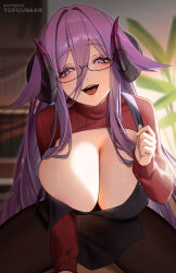 Rule 34 | 1girl, apron, azur lane, black apron, blush, breasts, cleavage, cleavage cutout, clothing cutout, curled horns, friedrich carl (a game of love) (azur lane), friedrich carl (azur lane), highres, horns, large breasts, long hair, long sleeves, looking at viewer, open mouth, pantyhose, purple eyes, purple hair, red sweater, smile, solo, sweater, thighs, tofuubear