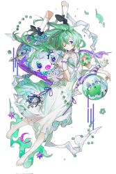 Rule 34 | 1girl, artist name, ball, barefoot, blue eyes, blue ribbon, dress, earrings, finger to mouth, floating hair, ghost, green hair, hair between eyes, happybiirthd, highres, jewelry, light blush, light smile, long hair, looking at viewer, one eye closed, original, ponytail, ribbon, short sleeves, sidelocks, simple background, smile, solo, watermark, white background, white dress, white ribbon