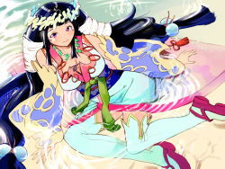 Rule 34 | 1girl, black hair, blue thighhighs, blunt bangs, blush, breasts, cleavage, detached sleeves, dutch angle, facial mark, hair bobbles, hair ornament, head wreath, igarashi mangou, japanese clothes, jewelry, kimono, large breasts, long hair, magatama, magatama necklace, necklace, obi, pink eyes, purple eyes, sandals, sash, sitting, smile, solo, submerged, thighhighs, twintails, very long hair, water, yaoyorozu, zettai ryouiki