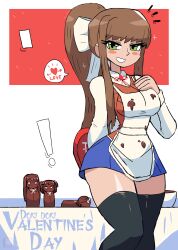 Rule 34 | !, 1girl, absurdres, apron, arrow (projectile), arrow through heart, black thighhighs, blue skirt, blush, bowl, box, box of chocolates, breasts, brown hair, candy, chocolate, doki doki literature club, food, food on clothes, green eyes, grin, hair ribbon, hand on own chest, heart, highres, holding, large breasts, long hair, long sleeves, looking at viewer, monika (doki doki literature club), natsuki (doki doki literature club), neck ribbon, ponytail, red ribbon, ribbon, sayori (doki doki literature club), school uniform, shirt, sidelocks, skirt, smile, sparkle, speech bubble, spoken heart, standing, teeth, thick thighs, thighhighs, thighs, tony welt, valentine, white apron, white ribbon, white shirt, wide hips, yuri (doki doki literature club)