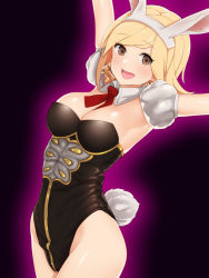 Rule 34 | 10s, 1girl, animal ears, arched back, armpits, arms up, black background, black leotard, blonde hair, breasts, cleavage, cowboy shot, detached collar, djeeta (granblue fantasy), fake animal ears, fake tail, glowing, granblue fantasy, leotard, looking at viewer, medium breasts, nezuko, open mouth, playboy bunny, rabbit ears, rabbit tail, red ribbon, ribbon, short hair with long locks, smile, solo, strapless, strapless leotard, swept bangs, tail