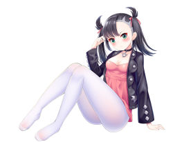Rule 34 | 1girl, :t, black choker, black hair, black jacket, black nails, blush, breasts, choker, closed mouth, collarbone, creatures (company), dress, feet, fengli (709622571), full body, game freak, hair ribbon, hand up, highres, jacket, legs, long sleeves, looking away, marnie (pokemon), nail polish, nintendo, no shoes, open clothes, open jacket, pantyhose, pink dress, pokemon, pokemon swsh, pout, red ribbon, ribbon, simple background, sitting, small breasts, solo, twintails, white background, white pantyhose