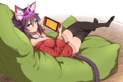 Rule 34 | 1girl, animal ear fluff, animal ears, artist name, black thighhighs, borrowed character, cat ears, cat girl, cat tail, crossed legs, game console, green eyes, hair between eyes, holding, jacket, jewelry, lying, necklace, original, red jacket, short hair, signature, solo, tail, thighhighs, wooden floor, yana (nekoarashi)