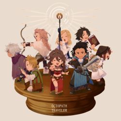 Rule 34 | alfyn (octopath traveler), arrow (projectile), bag, black hair, blonde hair, book, bow (weapon), bracelet, braid, braided ponytail, brown hair, chibi, cloak, closed eyes, cyrus (octopath traveler), dancer, dress, fringe trim, gloves, green eyes, h&#039;aanit (octopath traveler), hair over one eye, hat, irono16, jewelry, linde (octopath traveler), long hair, looking at viewer, multiple boys, multiple girls, navel, necklace, octopath traveler, octopath traveler i, olberic eisenberg, one eye closed, open mouth, ophilia (octopath traveler), ponytail, primrose azelhart, scar, scarf, short hair, simple background, smile, snow leopard, staff, sword, therion (octopath traveler), tressa (octopath traveler), weapon, white hair