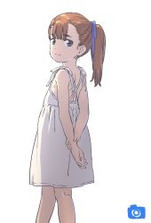 Rule 34 | 1girl, bare arms, bare shoulders, blue ribbon, brown hair, closed mouth, cropped legs, dress, from behind, hair ribbon, highres, looking at viewer, looking back, nazo no anime-dan, original, ponytail, ribbon, sleeveless, sleeveless dress, smile, solo, standing, transparent background, white dress