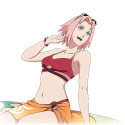 Rule 34 | 1girl, bare arms, bare legs, bare shoulders, belly, bikini, breasts, cleavage, collarbone, green eyes, haruno sakura, legs, looking to the side, midriff, naruto (series), naruto shippuuden, navel, official art, open mouth, pink hair, red bikini, sarong, smile, sunglasses, swimsuit