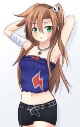 Rule 34 | 1girl, armpits, arms behind head, breasts, brown hair, cleavage, green eyes, half-closed eyes, highres, if (neptunia), legs, long hair, medium breasts, midriff, navel, neptune (series), open mouth, shirt, shorts, side ponytail, sleeveless, sleeveless shirt, thighs