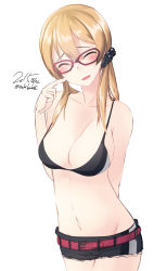 Rule 34 | 10s, 1girl, 2015, adapted costume, arm behind back, artist name, bad id, bad pixiv id, belt, bespectacled, bikini, bikini top only, black bikini, blonde hair, blush, breasts, cleavage, collarbone, cowboy shot, dated, facing viewer, glasses, gloves, kantai collection, long hair, military, military uniform, navel, nekobaka, no headwear, no headwear, open mouth, prinz eugen (kancolle), red-framed eyewear, short shorts, shorts, signature, simple background, smile, solo, swimsuit, twintails, uniform, white background, white gloves