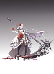 Rule 34 | 1girl, absurdres, asymmetrical bangs, blood, blood on clothes, boots, breasts, commentary request, covered navel, dress, elbow gloves, expressionless, flan (f l an), flower, full body, garter straps, gloves, gradient background, grey eyes, grey hair, highres, huge weapon, looking at viewer, medium breasts, rose, scythe, silver trim, sinoalice, snow white (sinoalice), solo, thigh boots, thighhighs, weapon, white dress, white gloves