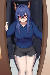 Rule 34 | 1girl, absurdres, alternate costume, alternate hairstyle, arknights, bespectacled, black shorts, blue hair, blue sweater, blush, breasts, bright pupils, ch&#039;en (arknights), doorway, dragon girl, dragon horns, feet out of frame, glasses, hair down, highres, hood, hood down, hooded sweater, horns, large breasts, long hair, looking at viewer, open mouth, pov doorway, red eyes, shorts, solo, sweatdrop, sweater, thighs, tofudofu, white pupils