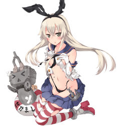 Rule 34 | 10s, 1girl, anchor, anchor hair ornament, black panties, blonde hair, blush, brown eyes, elbow gloves, gloves, hair ornament, hairband, kantai collection, kneeling, lifebuoy, long hair, navel, panties, personification, plus9, rensouhou-chan, shimakaze (kancolle), skirt, solo, striped clothes, striped thighhighs, swim ring, thighhighs, torn clothes, torn thighhighs, underwear, white gloves