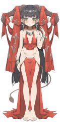 Rule 34 | 1girl, barefoot, black hair, blush, breasts, dress, earrings, facing viewer, full body, green eyes, hair ornament, highres, horns, jewelry, long hair, looking at viewer, navel, nemo (leafnight), open mouth, original, red dress, simple background, small breasts, solo, standing, tail, white background