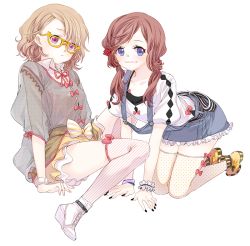 Rule 34 | 2girls, all fours, arm support, blue eyes, bow, brown hair, chim, collarbone, dress, frills, full body, glasses, hair ornament, long hair, looking at viewer, multiple girls, nail polish, original, pink eyes, see-through, short hair, simple background, skirt, smile, thighhighs, twintails, white background, wrist cuffs, zettai ryouiki