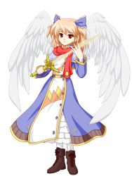 Rule 34 | 1girl, angel wings, brown hair, dress, full body, hair ribbon, highres, michel sant&#039;angelo, original, pantyhose, rapier, red eyes, ribbon, scarf, shoes, short hair, smile, solo, sword, teitoku, the last comer, touhou, transparent background, two side up, weapon, white background, white pantyhose, wings