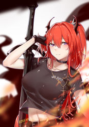 Rule 34 | 1girl, arknights, artist name, black choker, black gloves, black shirt, blush, breasts, character name, chinese commentary, choker, closed mouth, collarbone, commentary request, cross, cross necklace, dated, demon horns, gloves, hair intakes, holding, holding sword, holding weapon, horns, jewelry, kerxeno, large breasts, long hair, midriff peek, navel, necklace, official alternate costume, ponytail, purple eyes, red hair, red skirt, shirt, skirt, solo, surtr (arknights), surtr (liberte echec) (arknights), sword, very long hair, weapon
