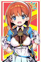 Rule 34 | :d, blue eyes, breasts, brown hair, collared dress, commentary request, copyright request, dress, gloves, hair between eyes, hairband, hands up, highres, katana, looking at viewer, medium breasts, notice lines, open mouth, outline, pleated dress, puffy short sleeves, puffy sleeves, sheath, sheathed, short sleeves, shrug (clothing), smile, solo, sword, tonchan, weapon, white dress, white gloves, white hairband, white outline