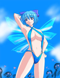 Rule 34 | 1girl, aged up, arms up, bad id, bad pixiv id, bikini, blue eyes, blue hair, breasts, cirno, female focus, gradient background, gure (gresaku), matching hair/eyes, outdoors, ribbon, short hair, sky, slingshot swimsuit, solo, swimsuit, touhou, wings