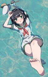 Rule 34 | 1girl, afloat, ahodemoaru, barefoot, black hair, breasts, floating, from above, green eyes, hat, highres, hishaku, lying, medium breasts, murasa minamitsu, neckerchief, on back, one-hour drawing challenge, open mouth, partially submerged, red neckerchief, sailor, sailor collar, sailor hat, sailor shirt, shirt, short hair, short sleeves, shorts, solo, touhou, water, wet, white shirt, wide hips