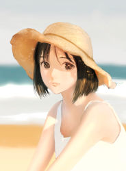 Rule 34 | 1girl, absurdres, bad id, bad twitter id, bare shoulders, beach, black hair, blue sky, blurry, blurry background, brown eyes, closed mouth, dress, expressionless, hat, highres, looking at viewer, ocean, ojay tkym, original, outdoors, short hair, sitting, sky, sleeveless, sleeveless dress, solo, spaghetti strap, straw hat, sun hat, water, white dress