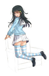 Rule 34 | 1girl, black eyes, black hair, chair, hair ornament, hairclip, kazeno, kneeling, loafers, long hair, one eye closed, original, partially colored, school uniform, shoes, skirt, smile, solo, striped clothes, striped thighhighs, sweater, thighhighs, wink, zettai ryouiki