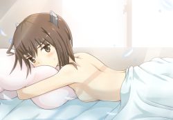 Rule 34 | 10s, 1girl, atatata71, back, bad id, bad pixiv id, blanket, blush, breasts, brown eyes, brown hair, feathers, headgear, kantai collection, karikura (atatata71), looking at viewer, lying, hugging object, on stomach, pillow, pillow hug, short hair, small breasts, solo, taihou (kancolle), topless
