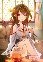 Rule 34 | 10s, 1girl, ahoge, bare shoulders, blush, brown hair, collarbone, couch, crossed legs, cup, curtains, glass, hairband, hand on lap, kantai collection, kongou (kancolle), looking at viewer, nontraditional miko, shiny skin, sitting, smile, solo, tea, tea kettle, tea set, teacup, teapot, window, yadapot, yellow eyes