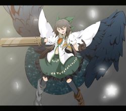 Rule 34 | 1girl, arm cannon, asymmetrical footwear, black hair, black legwear, black wings, bow, feathered wings, feathers, gloves, hair bow, letterboxed, long hair, mismatched footwear, navel, open mouth, pcs shousa, radiation symbol, radiation symbol-shaped pupils, red eyes, reiuji utsuho, solo, symbol-shaped pupils, touhou, weapon, wings