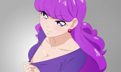 Rule 34 | 1girl, breasts, cleavage, closed mouth, clothes pull, collarbone, downblouse, earrings, from above, fuchi (nightmare), gradient background, grey background, jewelry, kirakira precure a la mode, kotozume yukari, large breasts, long hair, long sleeves, looking at viewer, looking up, precure, pulled by self, purple eyes, purple hair, purple shirt, shirt, shirt pull, smile, solo, upper body