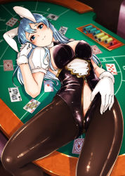 Rule 34 | 10s, 1girl, ace (playing card), ace of diamonds, ace of spades, animal ears, black pantyhose, blue eyes, blue hair, blush, breasts, card, cleavage, detached collar, diamond (shape), fake animal ears, female focus, gloves, granblue fantasy, gustav (telomere na), highres, jack (playing card), jack of clubs (playing card), joker (playing card), king (playing card), king of diamonds, large breasts, leotard, long hair, looking at viewer, lying, matching hair/eyes, navel, on back, pantyhose, playboy bunny, playing card, poker chip, poker table, pussy, pussy peek, rabbit ears, solo, spade (shape), table, therese (granblue fantasy), unzipped, white gloves, zipper