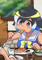 Rule 34 | 2girls, armpit crease, bare arms, bare shoulders, black hair, blue dress, blue eyes, blue hair, bow, bowl, bowtie, brown ribbon, chair, cherry tomato, clam, clenched hand, collarbone, commentary request, common dolphin (kemono friends), cup, dhole (kemono friends), dorsal fin, dot nose, dress, drink, drinking glass, eating, eyelashes, facing away, fins, food, food in mouth, food on face, fork, from behind, from side, gloves, hair between eyes, hand up, hands up, head fins, highres, holding, holding fork, indoors, kemono friends, kemono friends 3, lettuce, light brown hair, multicolored hair, multiple girls, noodles, pasta, plate, ribbon, rinx, sailor collar, sailor dress, salad, short hair, shrimp, sleeveless, sleeveless dress, solo focus, soup, spaghetti, steam, stone wall, table, tareme, tomato, tree, upper body, wall, water, white gloves, white sailor collar, window, yellow bow, yellow neckwear