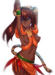 Rule 34 | 1girl, animal ears, armlet, armpits, arms up, bad id, bad tumblr id, bracer, breasts, breasts out, brown eyes, dark-skinned female, dark skin, freckles, green eyes, highres, leopard ears, leopard tail, long hair, looking at viewer, navel, nipples, optionaltypo, original, simple background, small breasts, solo, tail, white background