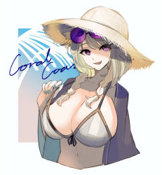 Rule 34 | 1girl, :d, animal ears, arknights, bikini, black jacket, braid, breasts, brown hair, brown hat, cleavage, collarbone, commentary, cropped torso, eyewear on head, fang, front-tie bikini top, front-tie top, hat, highres, huge breasts, jacket, long hair, navel, official alternate costume, one-hour drawing challenge, open clothes, open jacket, open mouth, purple eyes, shimasato, skin fang, smile, solo, strap pull, straw hat, sunglasses, swimsuit, swimsuit cover-up, tinted eyewear, upper body, utage (arknights), utage (summer flowers) (arknights), white background, white bikini