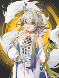 Rule 34 | 1girl, absurdres, arknights, bare shoulders, belt, blonde hair, chinese commentary, coat, collarbone, colored skin, commentary request, cowboy shot, dragon, dragon girl, dragon horns, earrings, eastern dragon, eyes visible through hair, grey eyes, hair between eyes, hair intakes, hand on own hip, hand up, highres, holding, horns, jewelry, long hair, long sleeves, looking at viewer, multicolored hair, necklace, off shoulder, open clothes, open coat, open mouth, pants, pointy ears, purple hair, purple horns, shu (arknights), smile, solo, standing, strapless, tube top, unzipped, very long hair, watermark, weibo logo, white belt, white coat, white hair, white pants, white tube top, yao han, yellow horns, zipper
