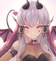 Rule 34 | 1girl, bare shoulders, black choker, blush, breasts, choker, cleavage, closed mouth, collarbone, commentary, covered collarbone, demon girl, demon horns, demon tail, demon wings, facial mark, fire emblem, fire emblem: three houses, fire emblem heroes, fishnets, grey hair, hair ornament, heart, horns, leonmandala, long hair, long sleeves, looking at viewer, lysithea von ordelia, medium breasts, nintendo, pink eyes, see-through, smile, solo, tail, upper body, wings