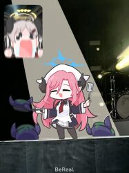 Rule 34 | 2girls, apron, black horns, blue archive, blush, chibi, closed eyes, demon horns, dress, drooling, drum, drum set, emfldzm159, fan screaming at madison beer (meme), fork, frying pan, full body, hair between eyes, halo, holding, holding fork, holding knife, holding pan, holding spatula, horns, instrument, izumi (blue archive), juri (blue archive), knife, korean commentary, light brown hair, long hair, long sleeves, meme, multiple girls, open mouth, pan-chan (blue archive), pantyhose, photo background, pink hair, pointy ears, screaming, smile, spatula, standing, tentacles, white apron