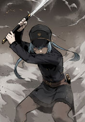 Rule 34 | 1girl, belt, belt buckle, black hat, blue hair, brown belt, brown pantyhose, buckle, cabbie hat, closed mouth, facial mark, gogalking, hat, holding, holding sword, holding weapon, long hair, long sleeves, looking at viewer, military, military hat, military uniform, original, pantyhose, portia (gogalking), purple eyes, sheath, solo, sword, twintails, uniform, weapon