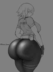 Rule 34 | 1girl, artist name, ass, belt, blunt bangs, breasts, chrona draws, crona (soul eater), fingerless gloves, gloves, grey background, greyscale, highres, huge ass, large breasts, monochrome, pants, police, police uniform, short hair, short sleeves, solo, soul eater, thick thighs, thigh strap, thighs, tight clothes, tight pants, uniform