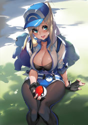 Rule 34 | 10s, 1girl, arm support, belt, blonde hair, blue eyes, breasts, bulbasaur, cleavage, collarbone, creatures (company), female protagonist (pokemon go), fingerless gloves, game freak, gen 1 pokemon, gloves, guratan, holding, holding poke ball, large breasts, leggings, long hair, nintendo, open mouth, pantyhose, poke ball, poke ball (basic), pokemon, pokemon (creature), pokemon go, red eyes, sitting, smile, squirtle