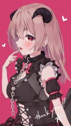 Rule 34 | 1girl, bare shoulders, black dress, black sleeves, blush, bow, breasts, brown hair, chain, cleavage, detached sleeves, dress, finger to mouth, hair between eyes, hand up, highres, horns, looking at viewer, medium breasts, open mouth, original, puffy short sleeves, puffy sleeves, red background, red bow, red eyes, short sleeves, simple background, sleeveless, sleeveless dress, solo, taitan, thank you