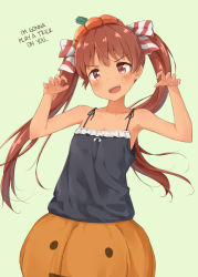 Rule 34 | 1girl, :d, bare shoulders, blush, bow, breasts, brown eyes, brown hair, claw pose, collarbone, commentary request, fang, frills, hair bow, hair ribbon, halloween, hard-translated, hat, jack-o&#039;-lantern, kantai collection, libeccio (kancolle), long hair, looking at viewer, open mouth, pumpkin, pumpkin pants, ribbon, simple background, skirt, smile, solo, standing, striped ribbon, suke (momijigari), tan, third-party edit, translated, twintails